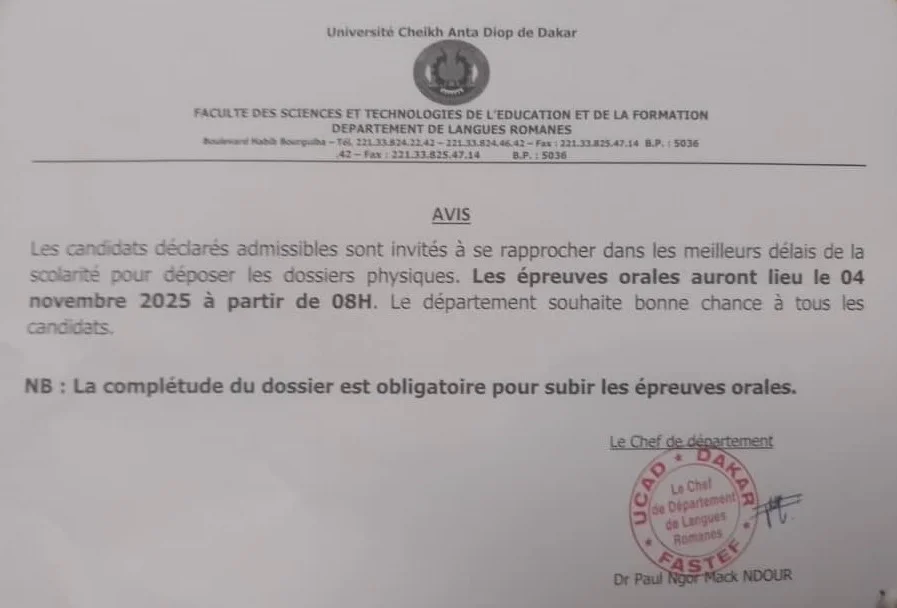 Résultats Concours FASTEF/UCAD 2025 : Admissibilité BAC Espagnol – Département Langues Romanes