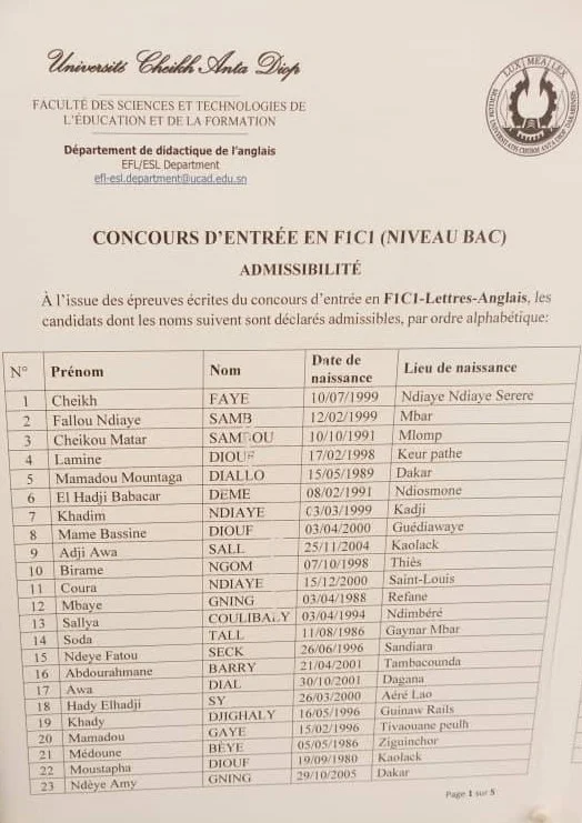 FASTEF/UCAD : Liste d'Admissibilité Concours Entrée FIC1 - Lettres-Anglais 2025
