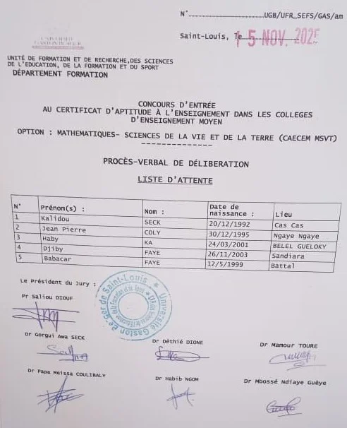 RÉSULTATS D'ADMISSION : CAECEM MSVT (Mathématiques-SVT) UGB/UFR SEFS
