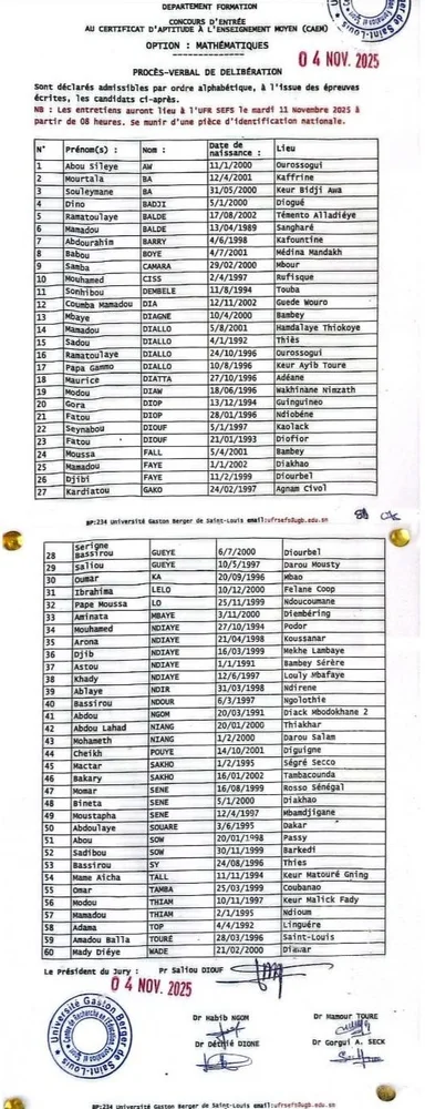 Résultats Concours CAEM Mathématiques 2025 – Admissibilité UGB/UFR SEFS publiée, oraux le 11 novembre