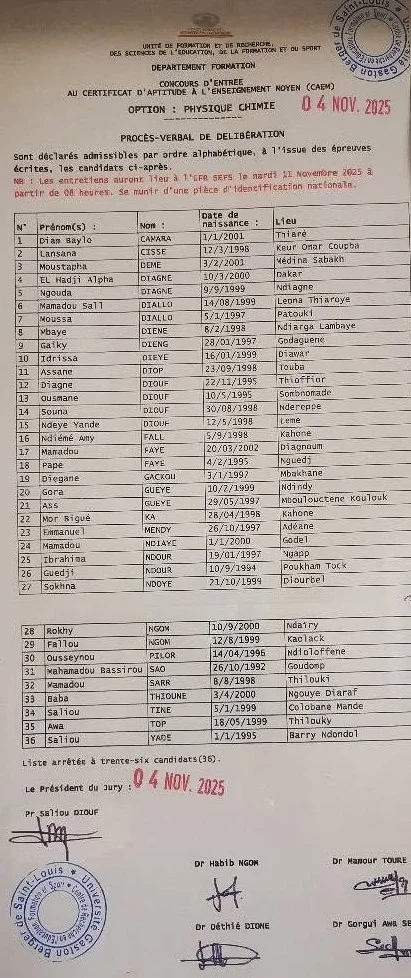 UGB/UFR SEFS : Admissibilité Concours CAEM Physique Chimie (36 candidats) – Oral le 11 Novembre 2025