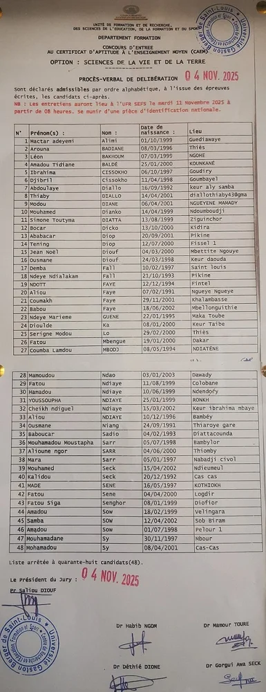 Résultats Concours CAEM SVT 2025 – UGB/UFR SEFS : Liste des 48 candidats admissibles