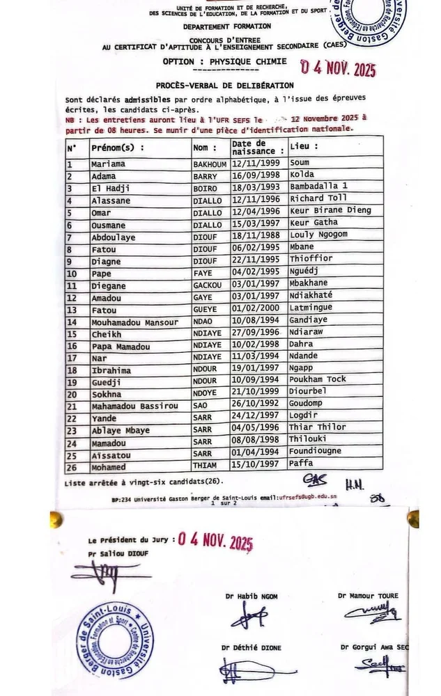 Résultats Concours CAES Physique-Chimie 2025 – Admissibilité UGB/UFR SEFS publiée, oraux le 12 novembre