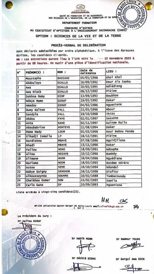 Résultats Concours CAES SVT 2025 – Admissibilité UGB/UFR SEFS publiée, oraux le 12 novembre