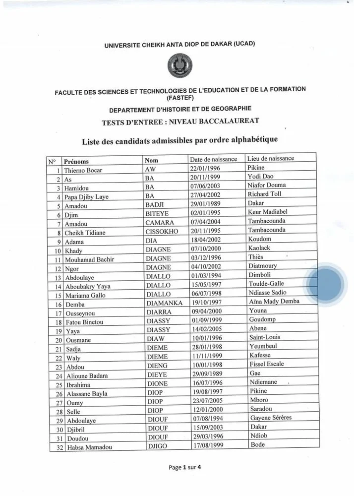 Résultats du Concours d’Entrée à la FASTEF (BAC Portugais) – Entretien fixé au 04 Novembre à 8h