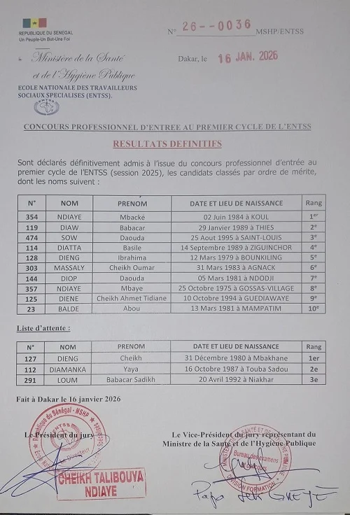 RÉSULTATS ENTSS 2026 : Liste des candidats admis au concours professionnel (Premier Cycle)