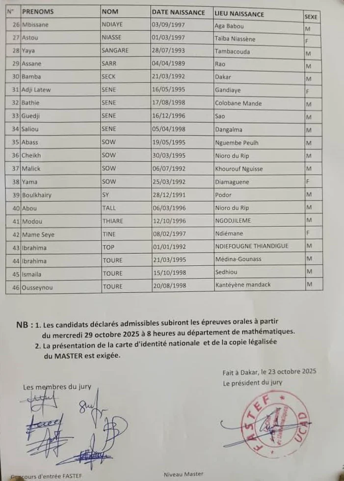 Le Département de Mathématiques de la FASTEF (UCAD) a publié les résultats d’admissibilité du concours d’entrée des Élèves-Professeurs de niveau Licence pour l’année académique 2025/2026. Cette liste regroupe les candidats ayant réussi les épreuves écrites. Les admissibles sont désormais invités à se préparer pour la phase finale de sélection, qui portera sur les épreuves orales.