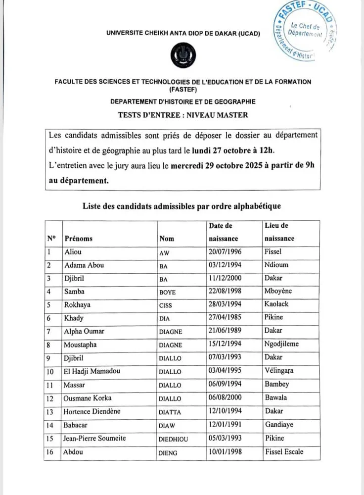 FASTEF/UCAD : Résultats de Concours – Tests d’Entrée Master Histoire et Géographie, Liste des Admissibles et Calendrier