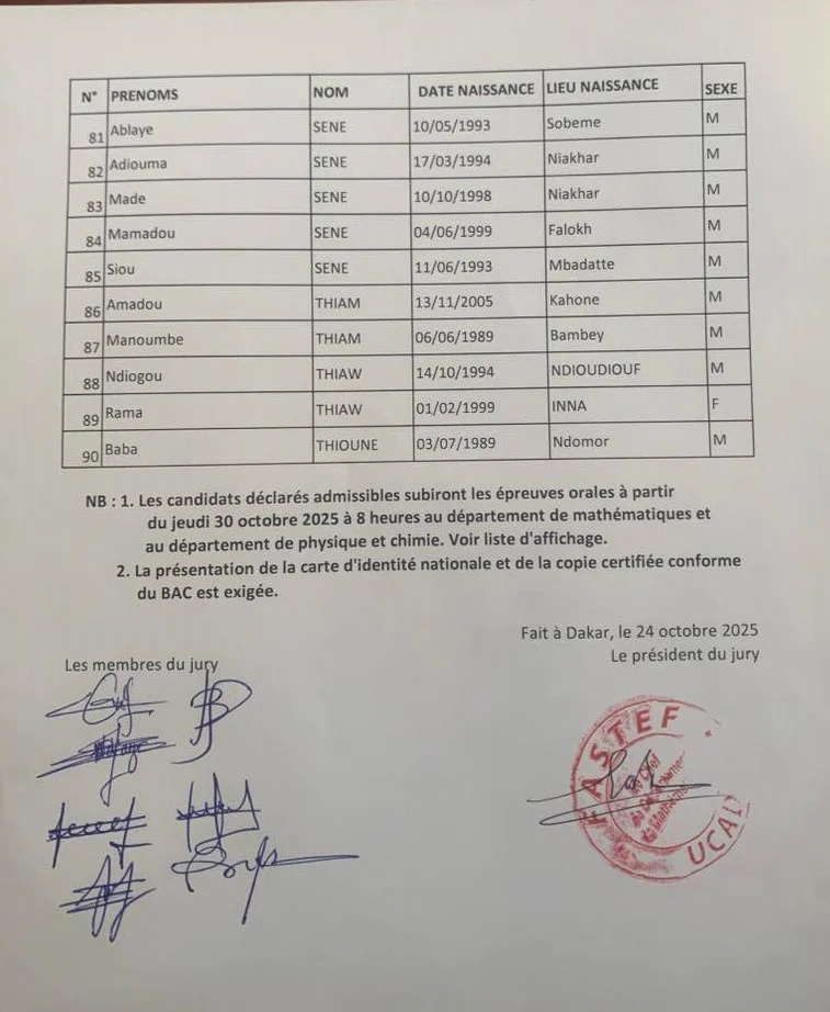 FASTEF/UCAD : Concours d'Entrée Niveau BAC Mathématiques Physique et Chimie 2025 - Admissibles et Épreuves
