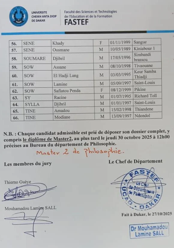 Résultats concours Philosophie FASTEF/UCAD Master 2