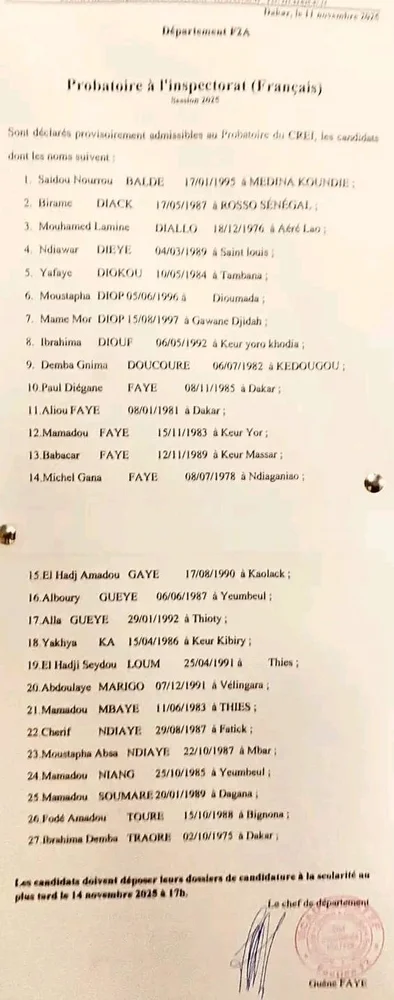 Résultats d’admissibilité probatoire FASTEF FUCAD 2025