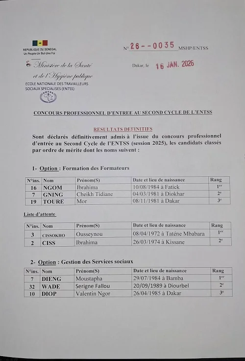 RÉSULTATS ENTSS 2026 : Liste des candidats admis au concours professionnel (Second Cycle)