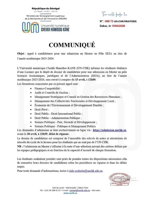 Master 2025-2026 : L'UN-CHK lance les candidatures pour le pôle SEJA